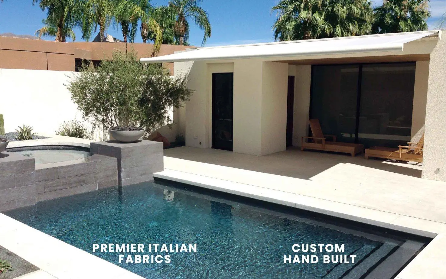 White full cassette retractable awning on a modern Palm Springs home beside a pool, premier Italian fabrics, custom hand built