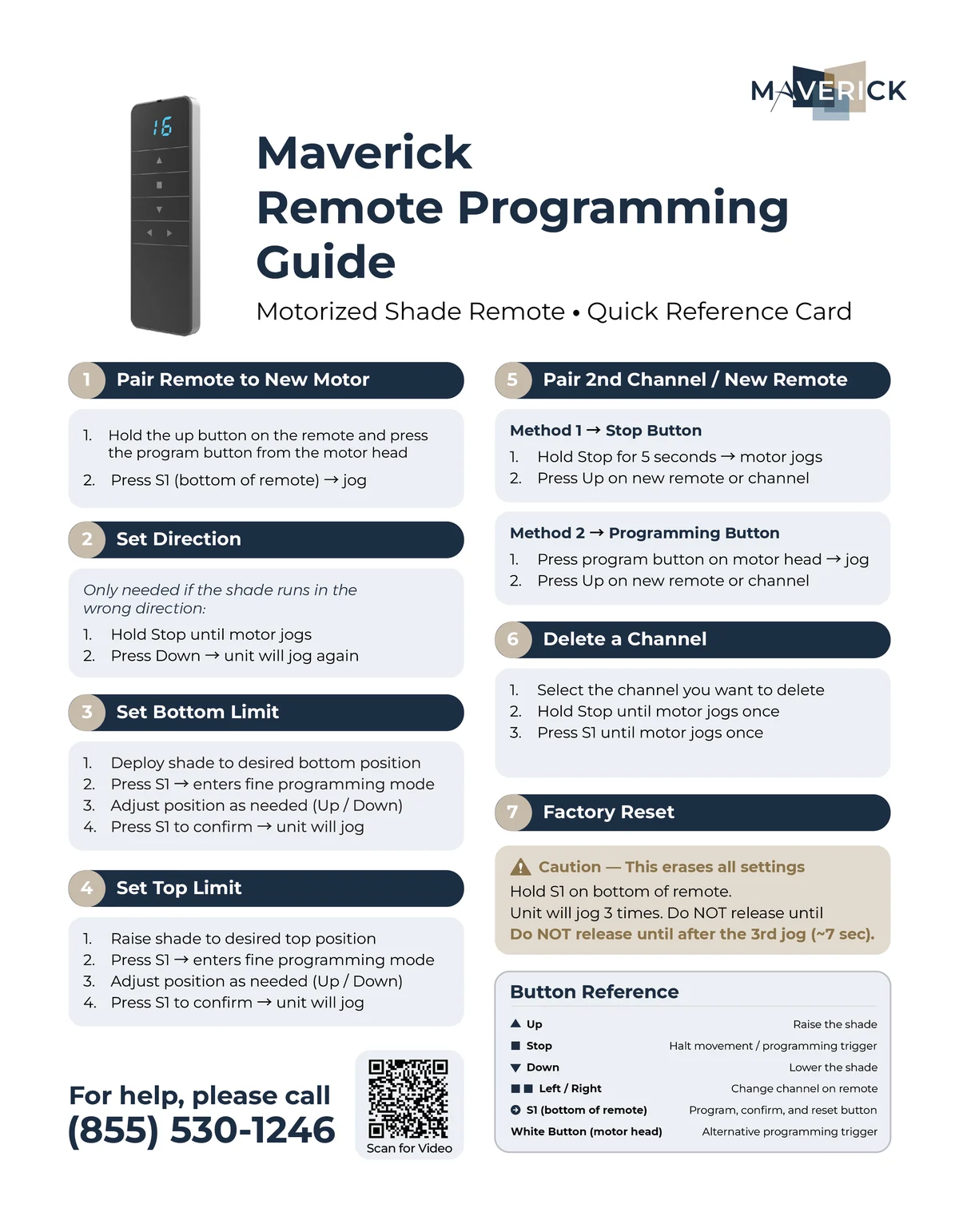 Maverick remote programming guide — pair remote, set direction, set top and bottom limits, add and delete channels, factory reset