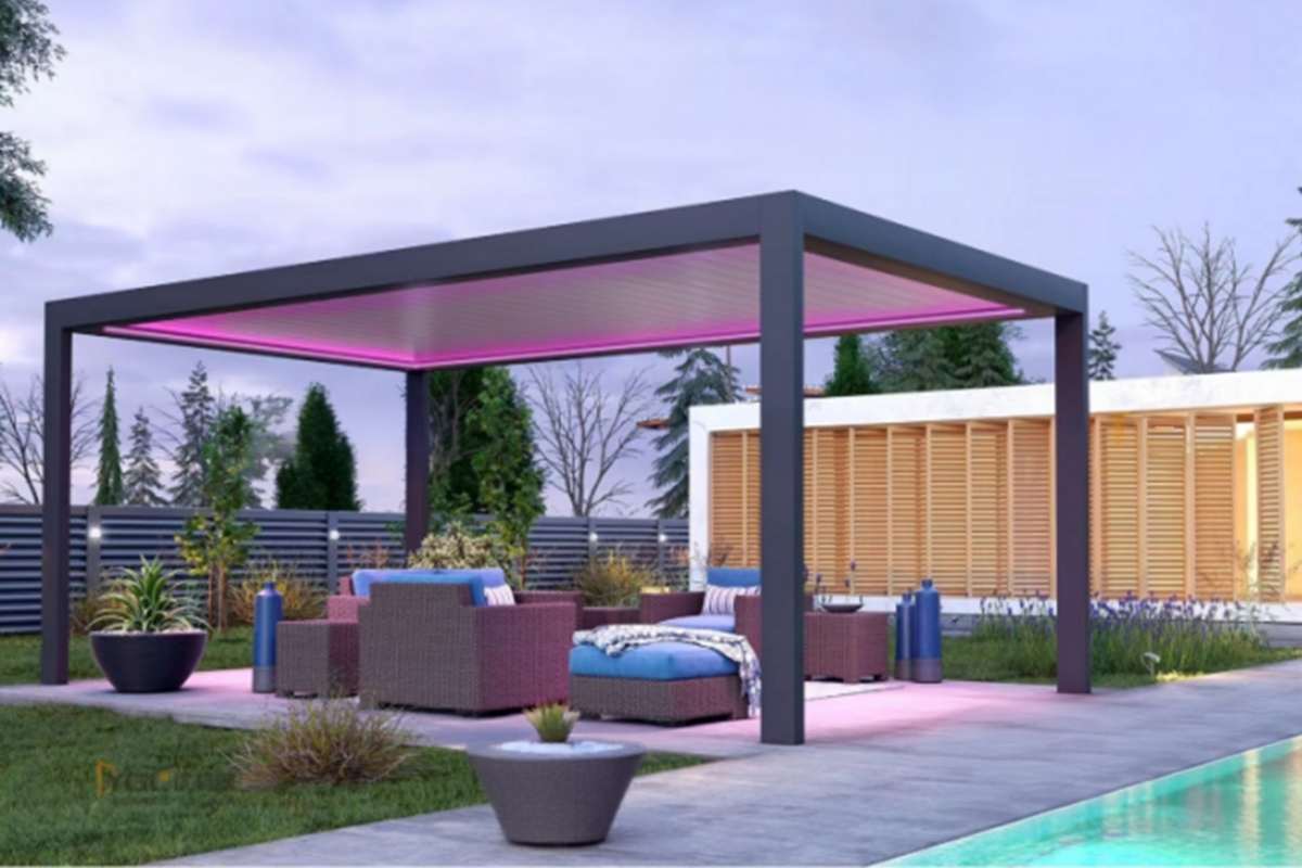 Louvered patio cover shading an outdoor living space