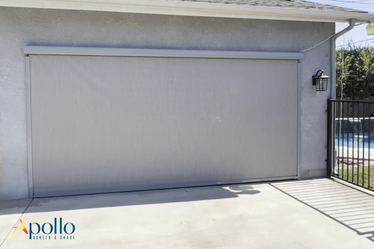 Outside view of a privacy garage door screen installation